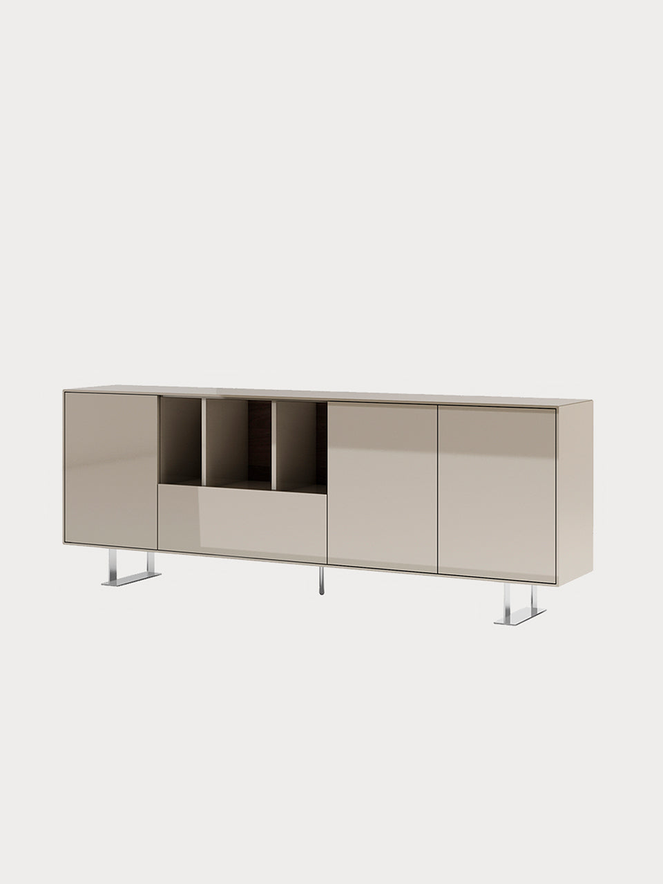 Aparador de 4 puertas color caqui y base de acero inoxidable