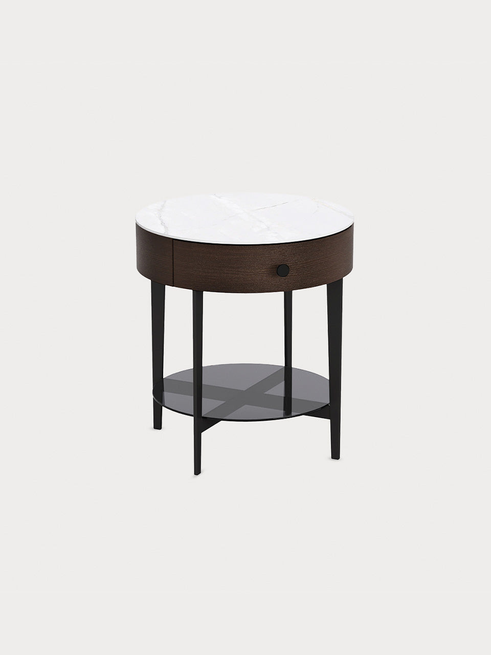 Mesa de noche con tablero de cerámica blanca y balda transparente