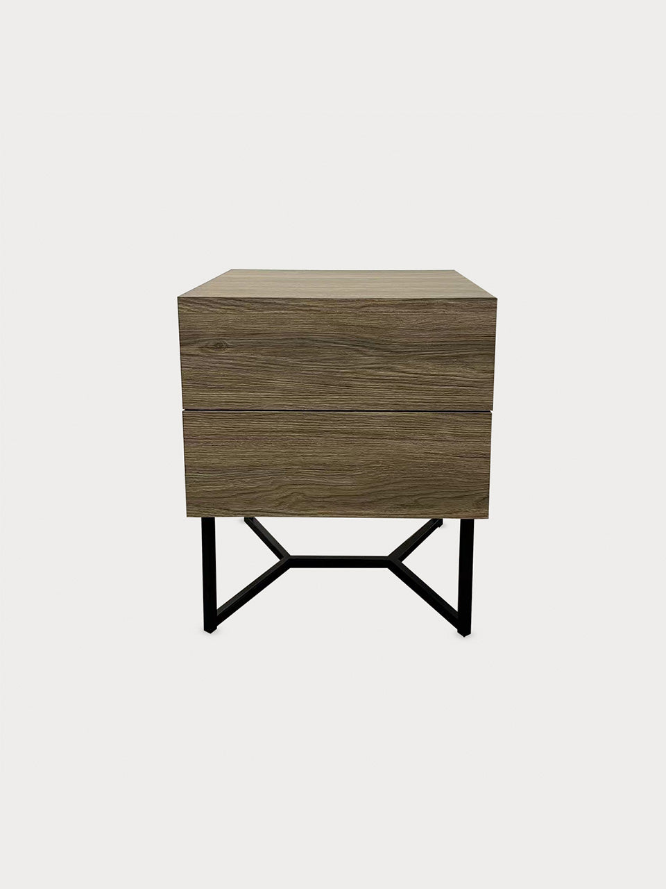 Mesita de noche de 2 cajones con madera y metal en vista frontal