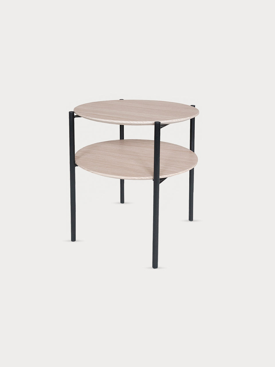Mesa auxiliar redonda de madera de roble natural y metal en negro