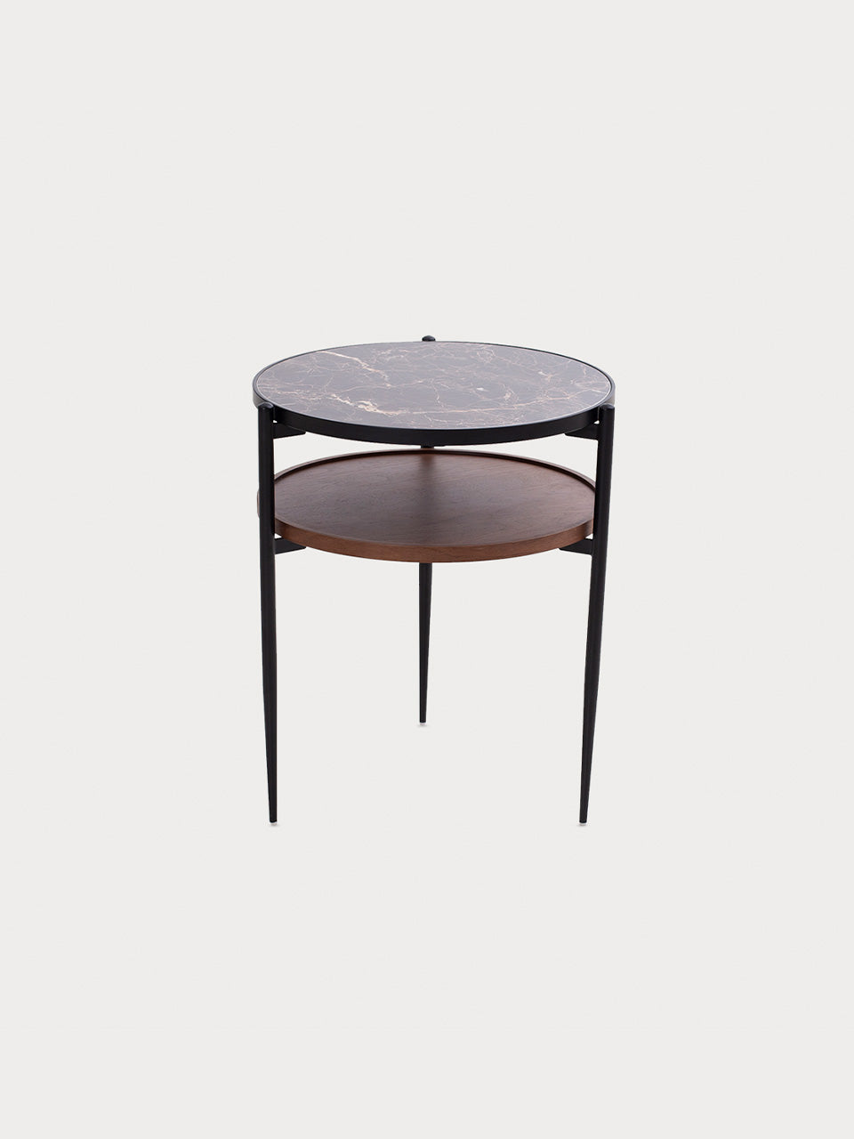 Mesa auxiliar con tablero de cerámica marrón y estructura metálica