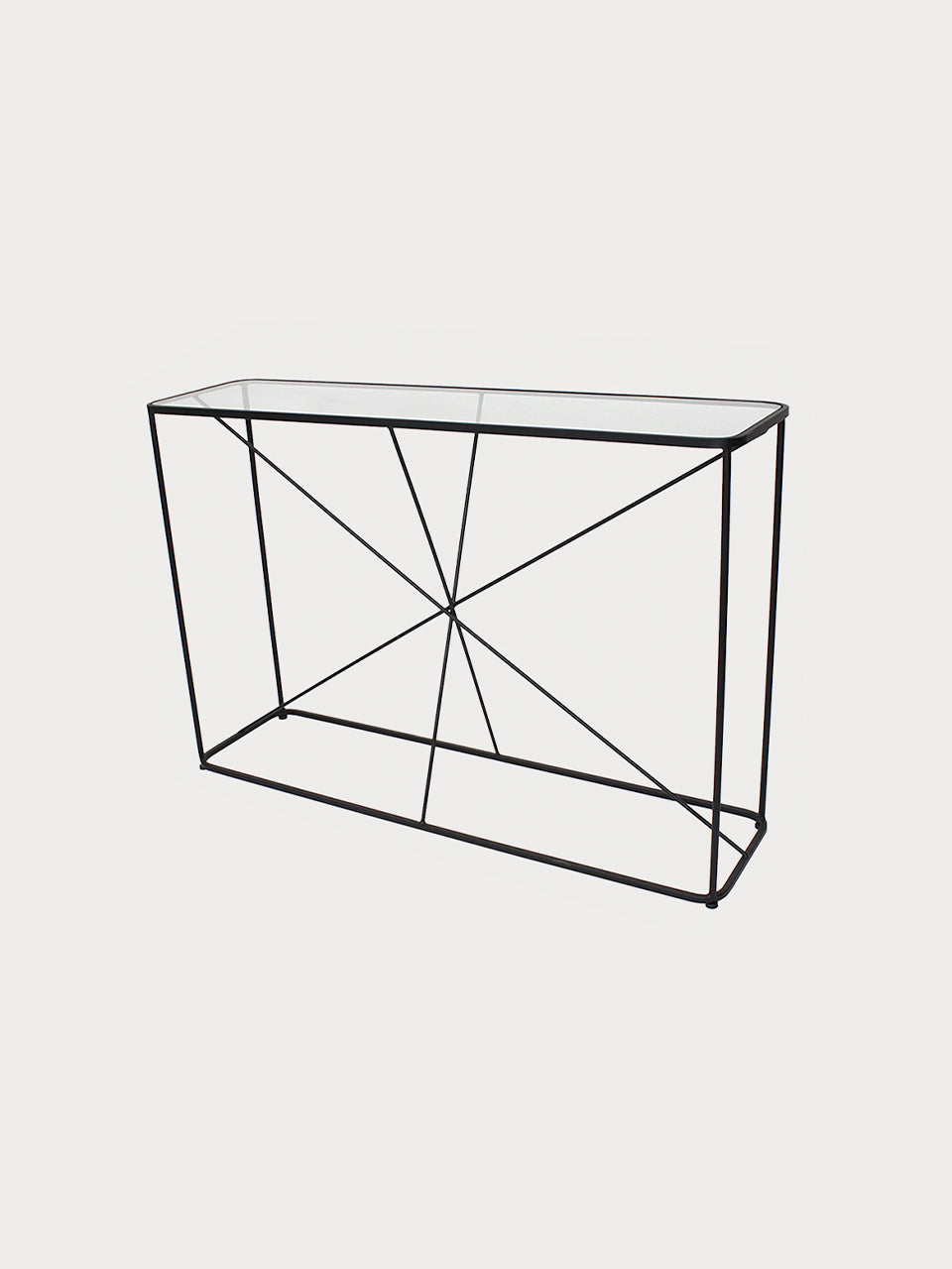 Aparador metálico negro con un diseño de estrella y tablero de vidrio