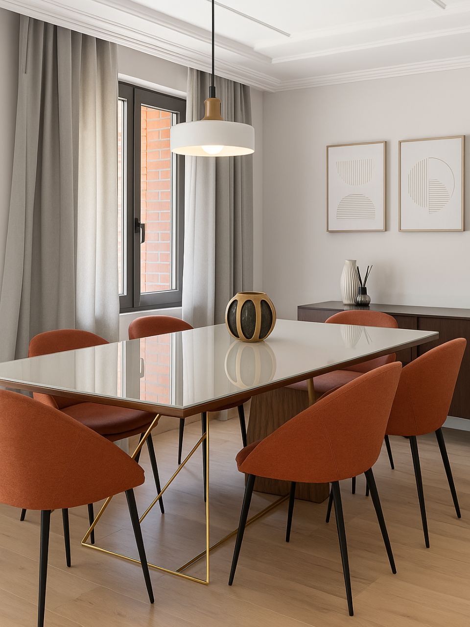 Lámpara de techo con pantalla blanca y detalles dorados.