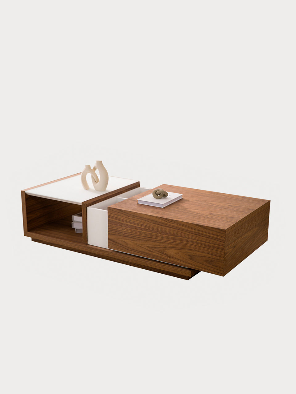 Mesa de centro desplegable abierta de madera en vista lateral.