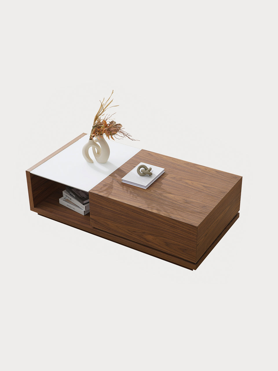 Mesa de centro desplegable de madera en vista lateral.