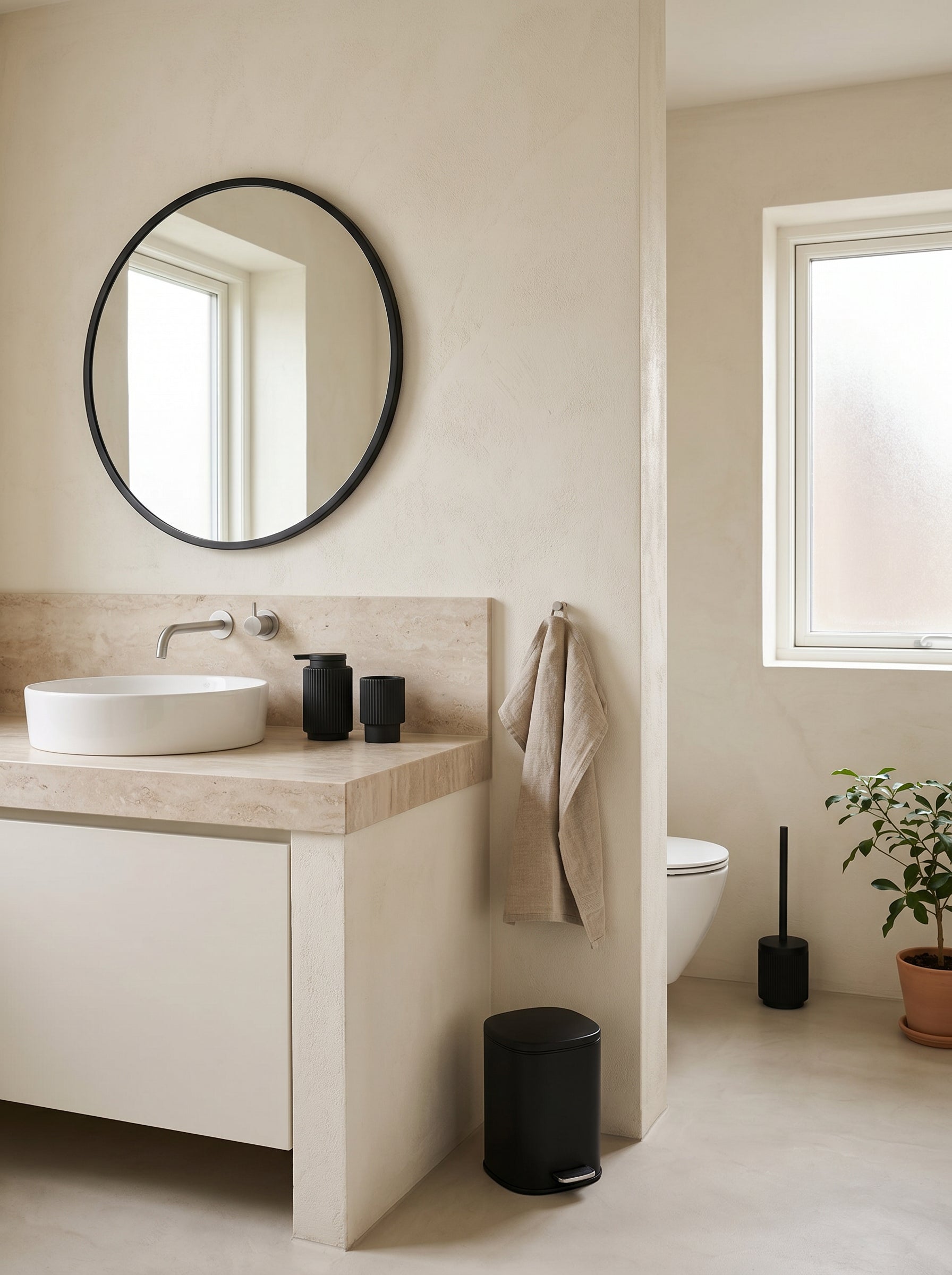 Pack baño negro: espejo LILA + 4 accesorios acanalados