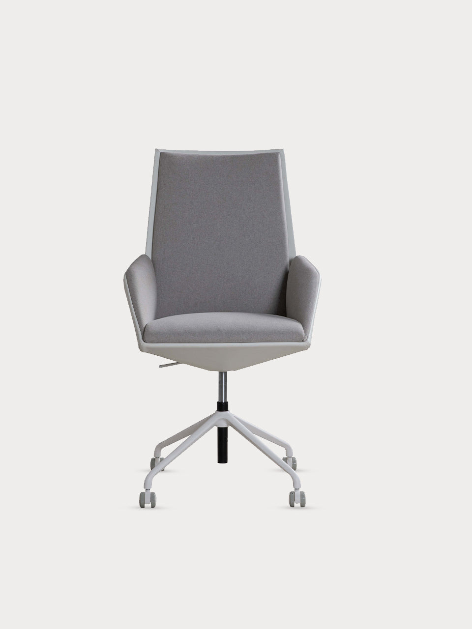 Silla de escritorio en tejido gris y estructura blanca.