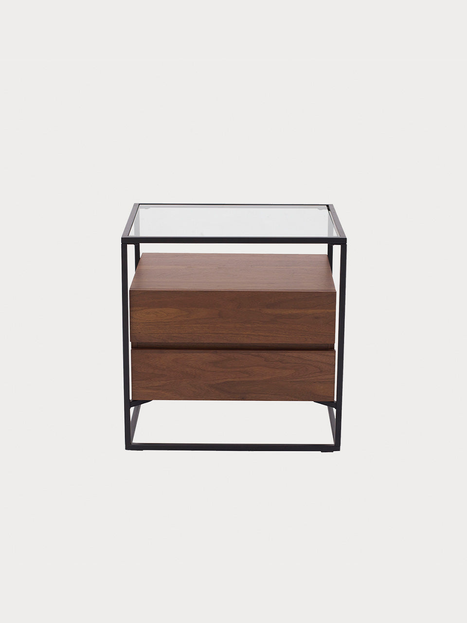 Mesa de noche de madera con dos cajones y tablero transparente