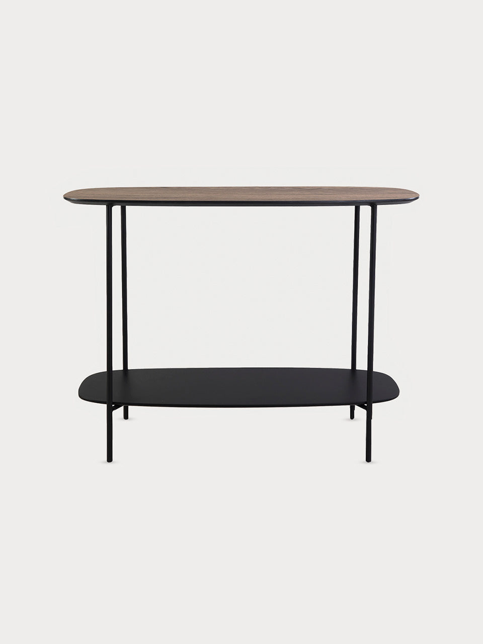 Recibidor con tablero de madera y estructura metálica con estante inferior