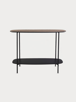 Recibidor con tablero de madera y estructura metálica con estante inferior