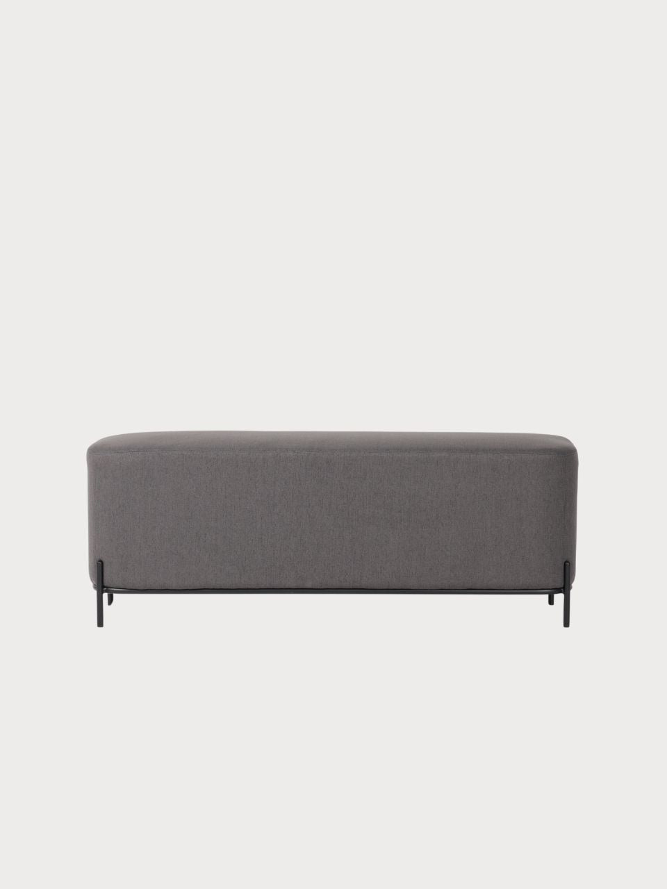Banco rectangular tejido tela gris oscura y beige con estructura metálica negra
