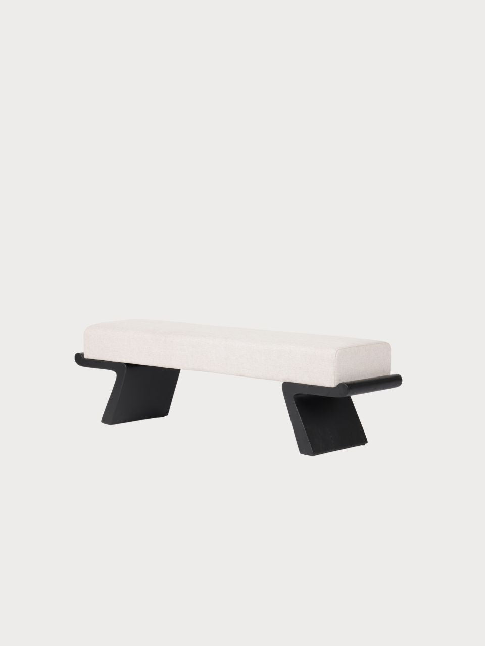 Banco rectangular tejido tela blanca y patas de madera negra