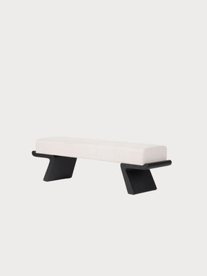 Banco rectangular tejido tela blanca y patas de madera negra
