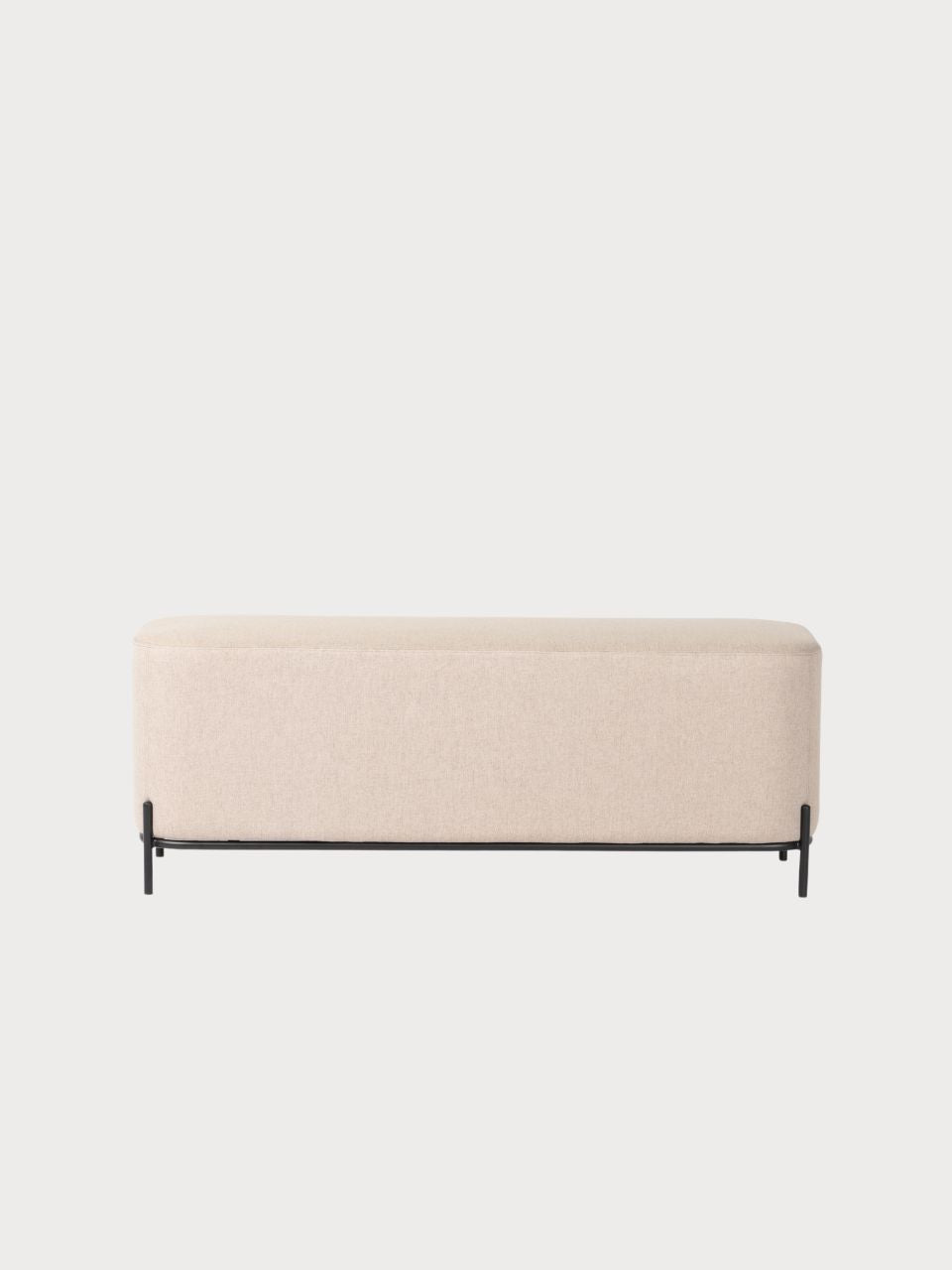 Banco rectangular tejido tela gris oscura y beige con estructura metálica negra