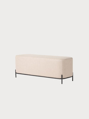 Banco rectangular tejido tela gris oscura y beige con estructura metálica negra