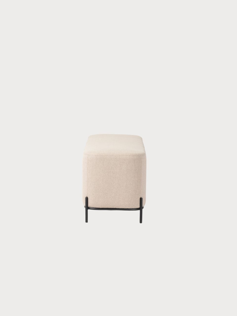 Banco rectangular tejido tela gris oscura y beige con estructura metálica negra