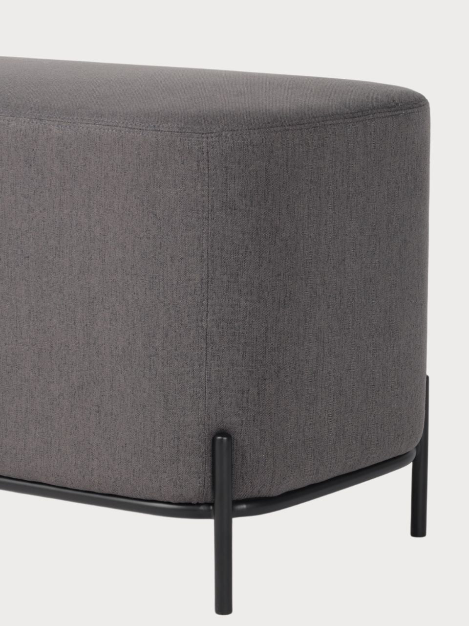 Banco rectangular tejido tela gris oscura y beige con estructura metálica negra
