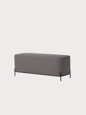 Banco rectangular tejido tela gris oscura y beige con estructura metálica negra