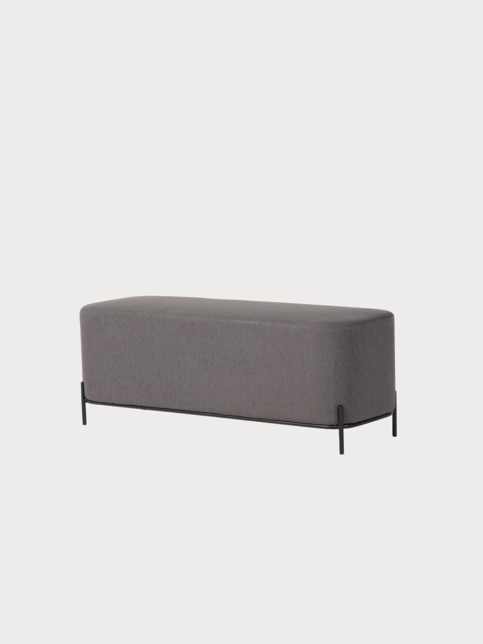 Banco rectangular tejido tela gris oscura y beige con estructura metálica negra