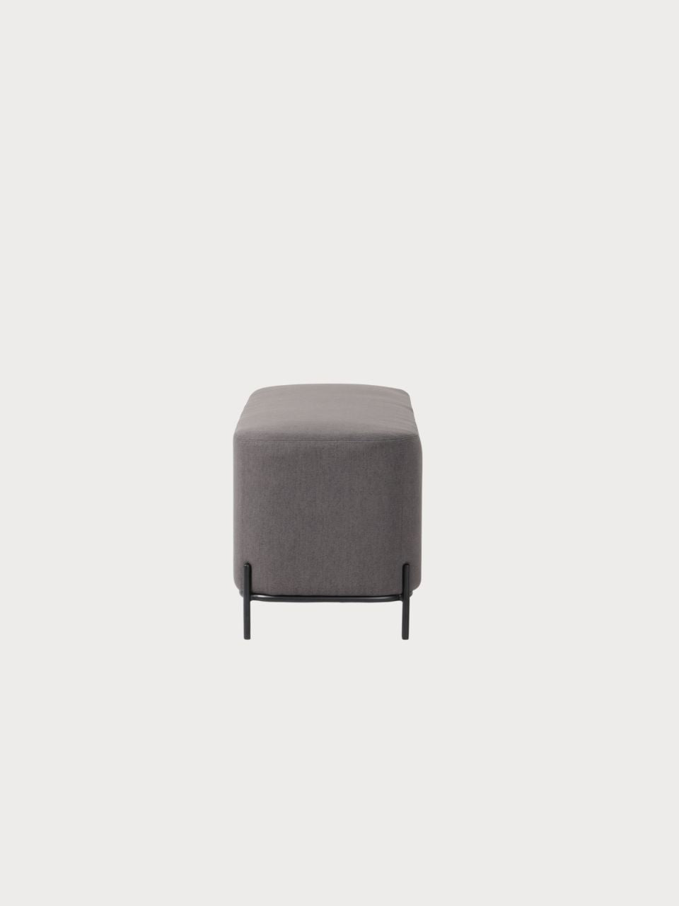 Banco rectangular tejido tela gris oscura y beige con estructura metálica negra