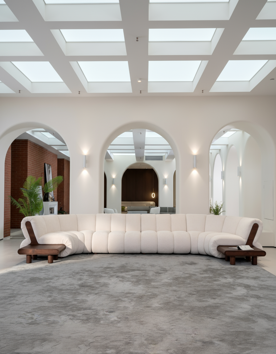 Detalle del sofá curvo beige Filakia