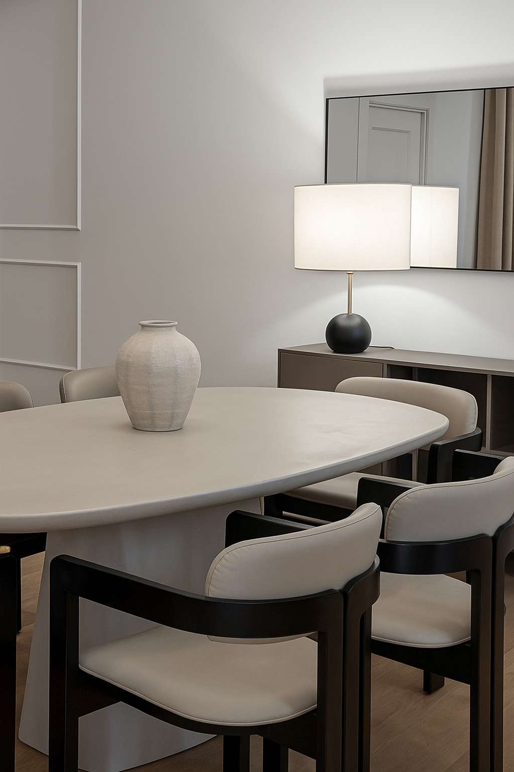 Lámpara de mesa de madera con pantalla beige.