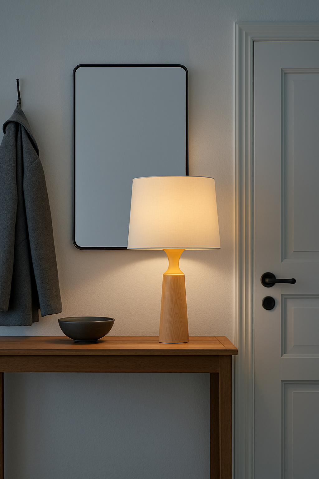 Lámpara de mesa con base de madera y pantalla tela, disponible en 2 colores.