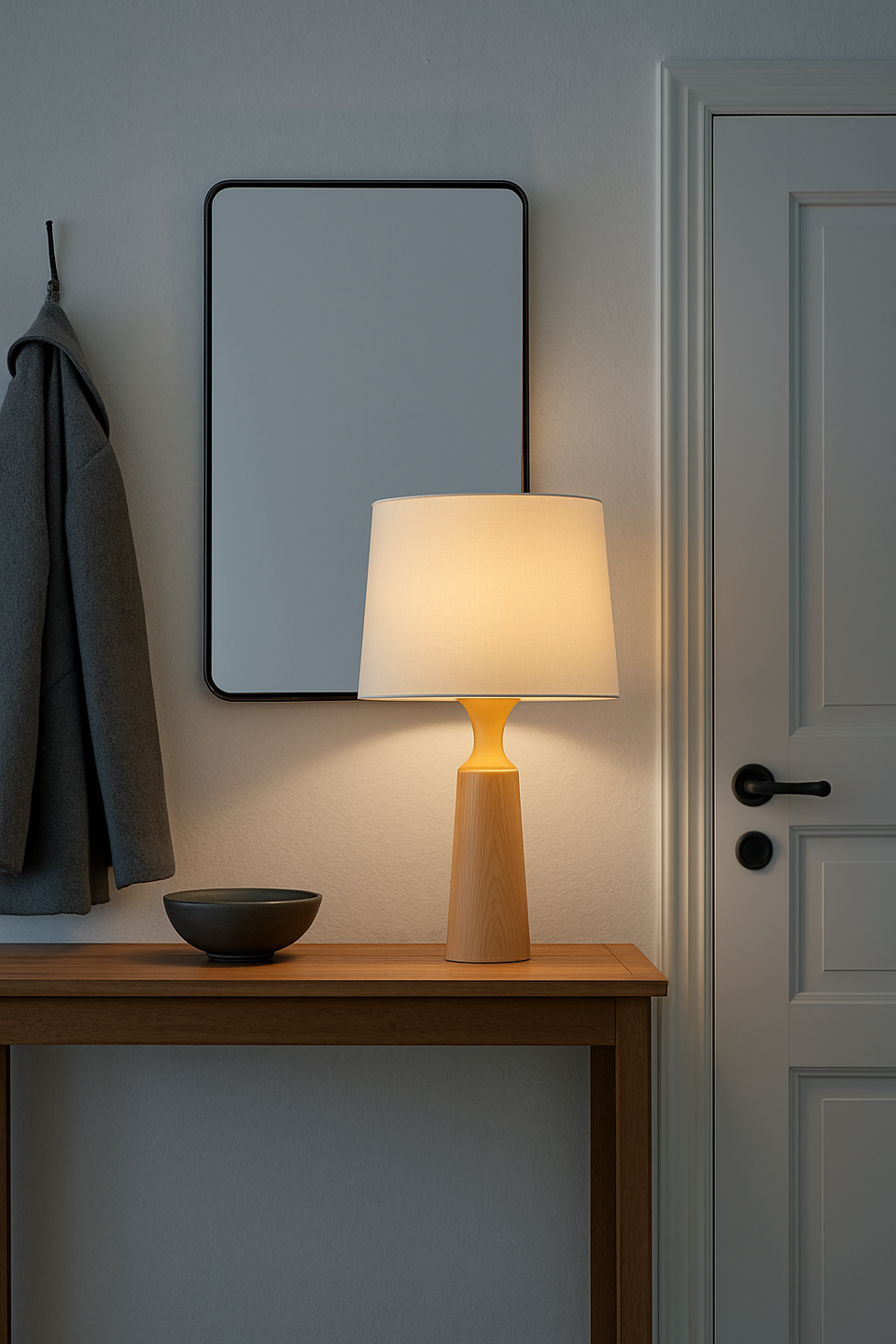 Lámpara de mesa con base de madera y pantalla tela, disponible en 2 colores.