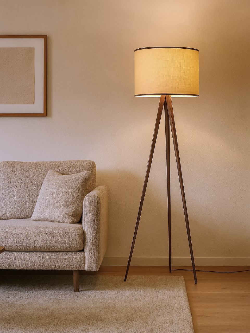 Lámpara de pie con base de madera y pantalla de ratán.