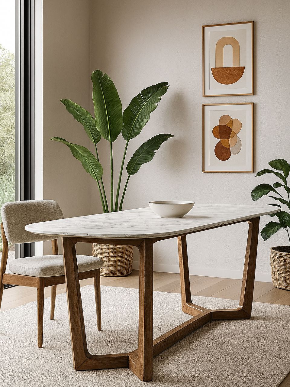 Mesa de comedor de cerámica blanca y madera