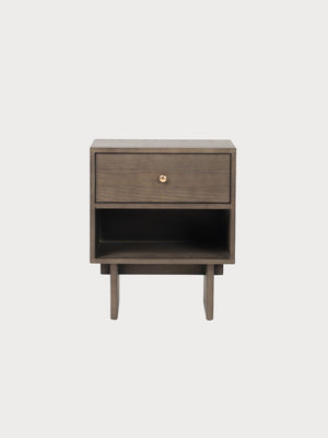 Mesita de noche de madera marrón oscuro con 1 cajón