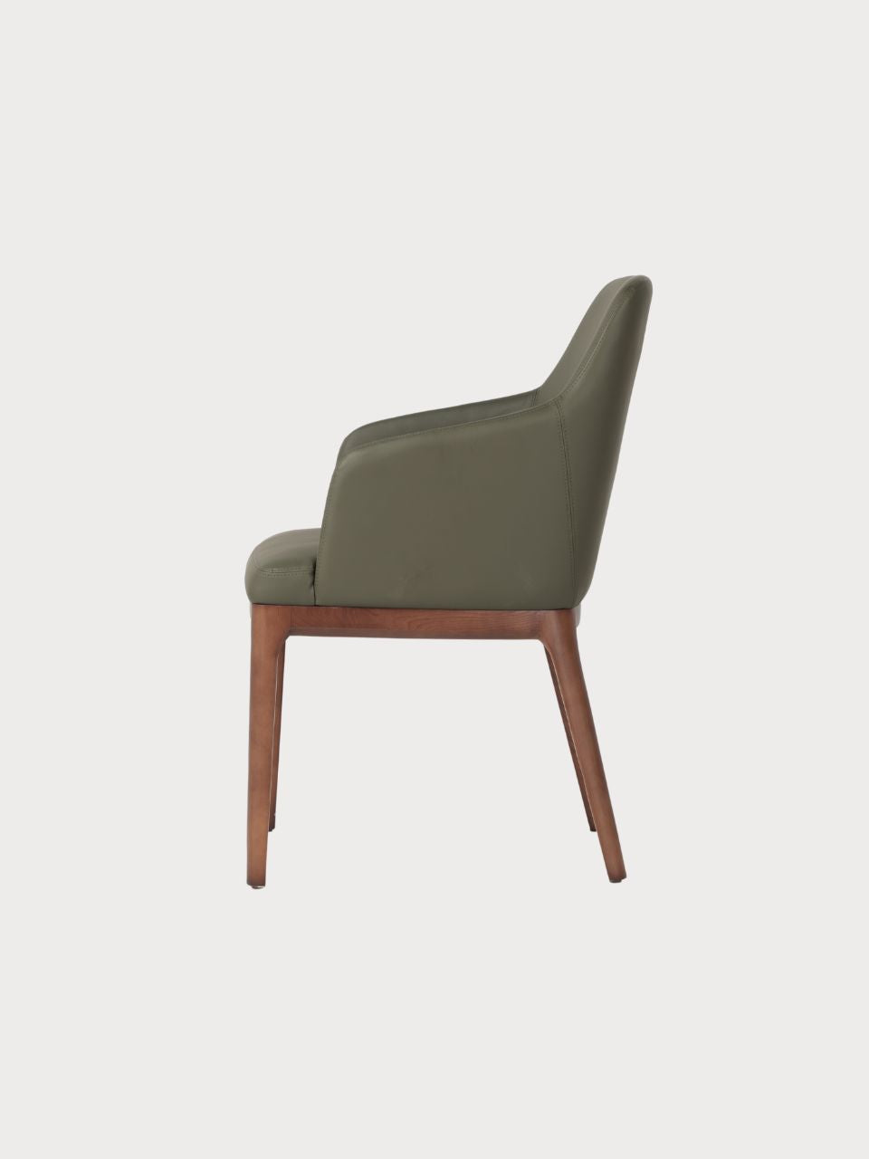 Silla de comedor de cuero verde y patas de madera