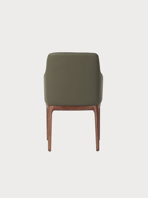 Silla de comedor de cuero verde y patas de madera