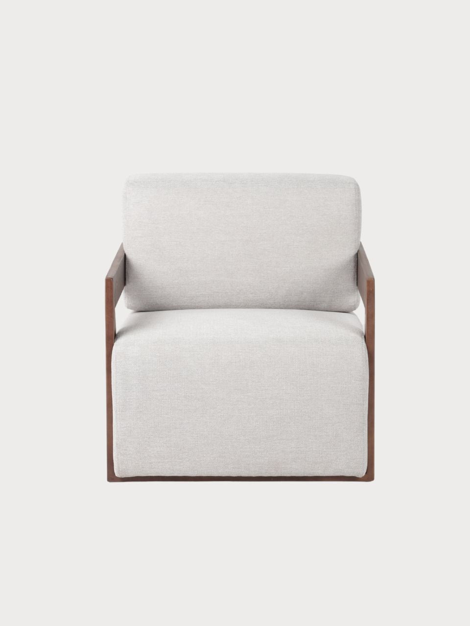 Sillón cuadrado con estructura de madera y tela beige