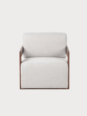 Sillón cuadrado con estructura de madera y tela beige