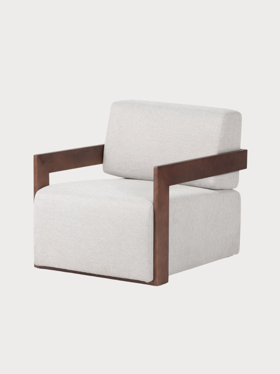 Sillón cuadrado con estructura de madera y tela beige