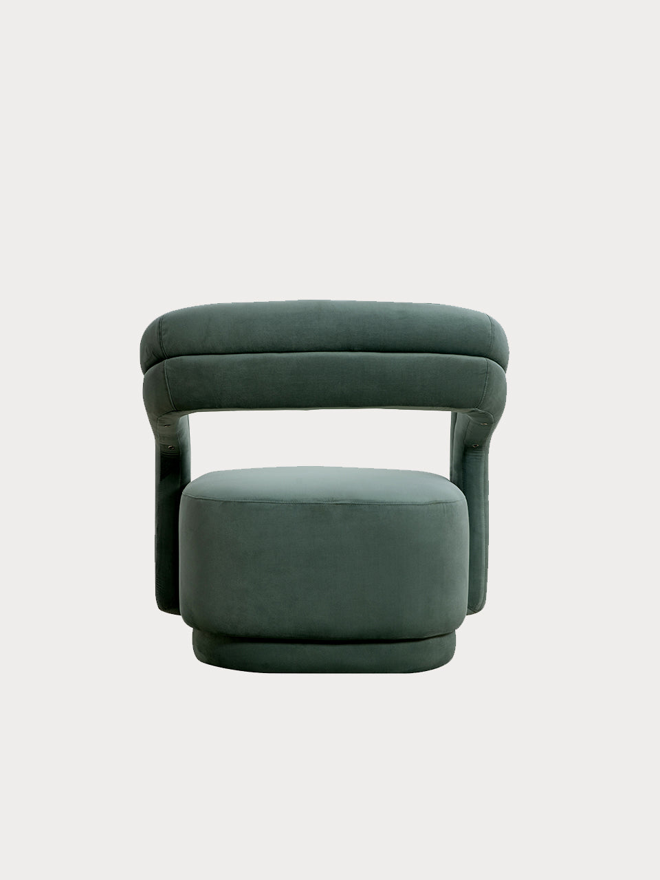 Sillón de diseño lineal con tejido de terciopelo verde azulado en vista trasero.